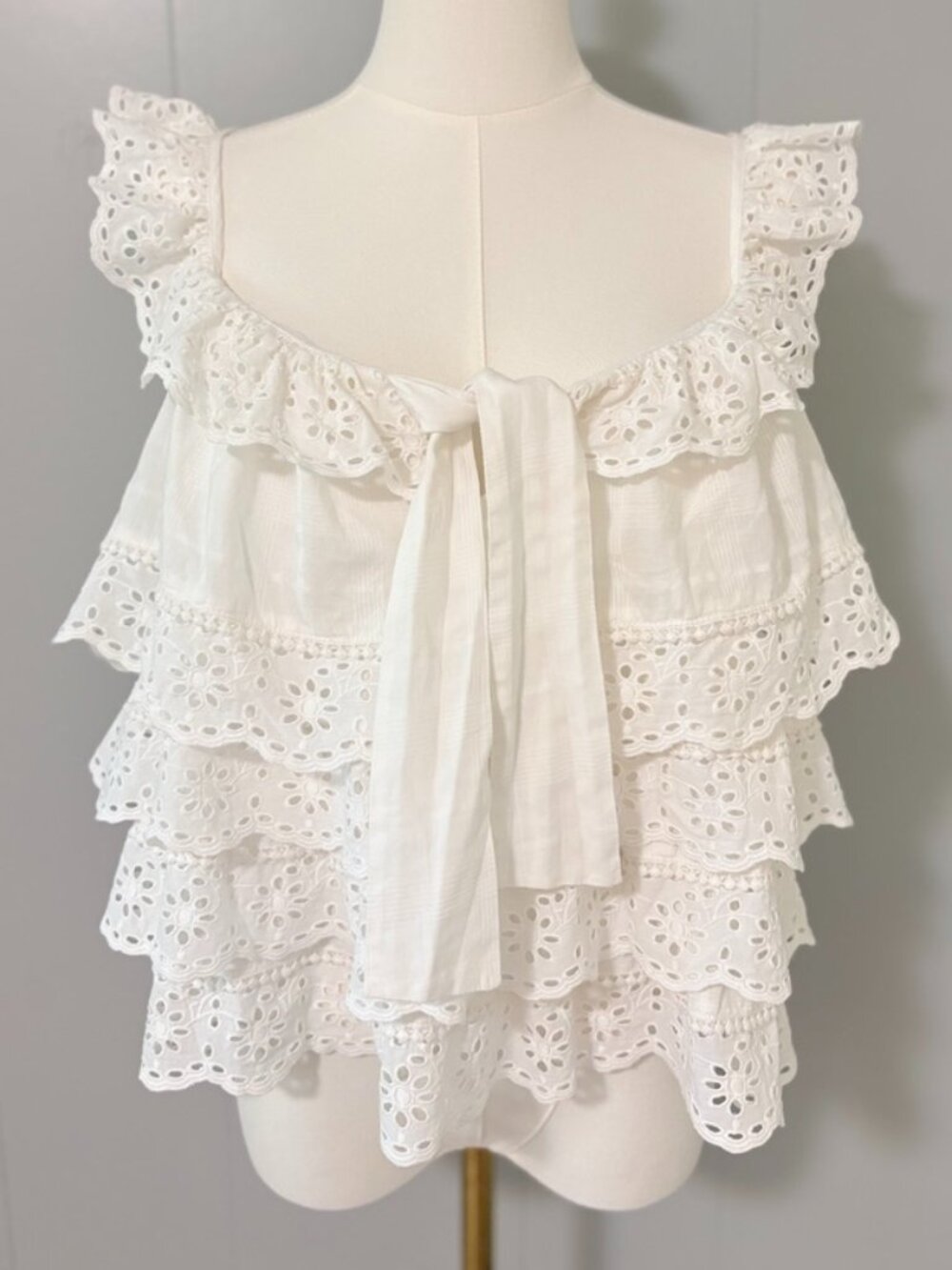 Sezane Lia Blouse Ecru US 8 EU 40 Organic Cotton Eyelet Ruffle Scalloped Top - Picture 7 of 15